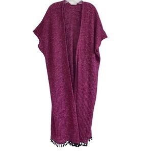 Crescent Duster Cardigan Open Front Tassel‎ Trim Burgundy Large Knit Sweater